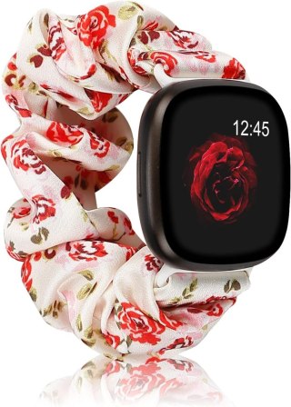 BRANSOLETA DO ZEGARKA SCRUNCHIE KREM W KWIATY FITBIT VERSA 1/2/LITE TKANINA