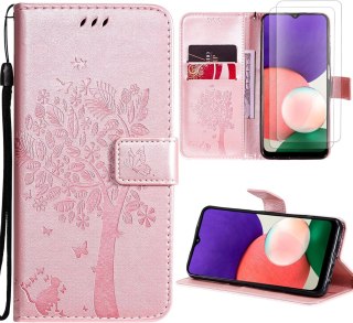 ETUI SAMSUNG GALAXY A22 4G RÓŻOWE WYTŁACZANE DRZEWO ZAMYKANE +2x SZKŁO