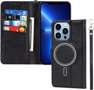 ETUI APPLE IPHONE 13 PRO CZARNE ELEGANCKIE ZAMYKANE Z KLAPKĄ IMITACJA SKÓRY