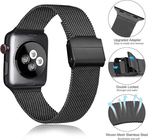 PASEK DO ZEGARKA APPLE WATCH 42/44/45mm 1/2/3/4/5/6/7/8/9/10/SE CZARNY STAL