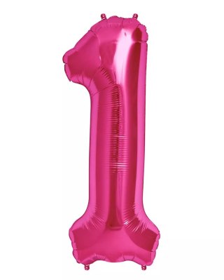 DUŻY BALON FOLIOWY NA ROCZNICĘ URODZINY CYFRA 1 INTENSYWNY RÓŻOWY 40CM