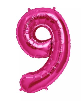 DUŻY BALON FOLIOWY NA ROCZNICĘ URODZINY CYFRA 9 INTENSYWNY RÓŻOWY 40CM