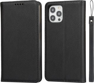 ETUI APPLE IPHONE 12 PRO MAX CZARNE IMITACJA SKÓRY ZAMYKANE Z KLAPKĄ +SMYCZ