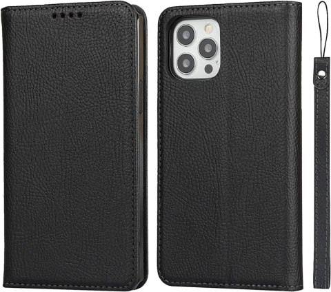 ETUI APPLE IPHONE 12 PRO MAX CZARNE IMITACJA SKÓRY ZAMYKANE Z KLAPKĄ +SMYCZ