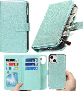 ETUI APPLE IPHONE 13 ZIELONE BŁYSZCZĄCE PORTFEL NA ZAMEK Z KLAPKĄ +SMYCZ