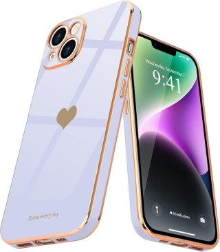 ETUI APPLE IPHONE 14 FIOLETOWE PASTELOWE ZŁOTA RAMKA SERCE UROCZE OCHRONNE