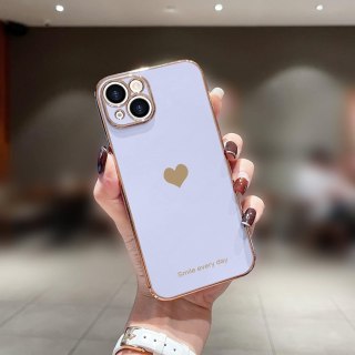 ETUI APPLE IPHONE 14 FIOLETOWE PASTELOWE ZŁOTA RAMKA SERCE UROCZE OCHRONNE