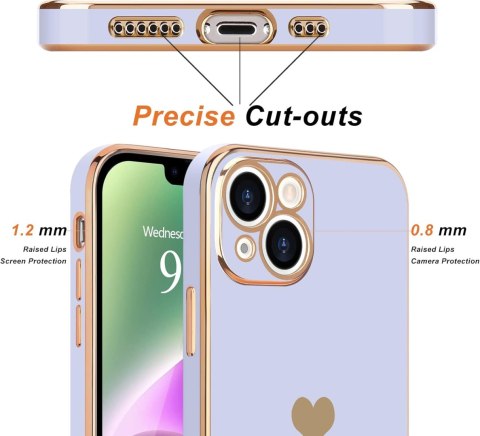 ETUI APPLE IPHONE 14 FIOLETOWE PASTELOWE ZŁOTA RAMKA SERCE UROCZE OCHRONNE