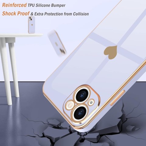 ETUI APPLE IPHONE 14 FIOLETOWE PASTELOWE ZŁOTA RAMKA SERCE UROCZE OCHRONNE