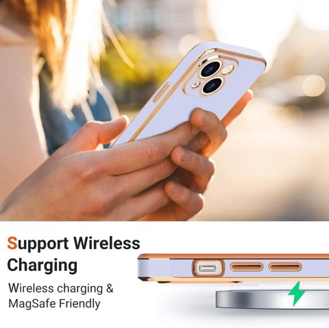 ETUI APPLE IPHONE 14 FIOLETOWE PASTELOWE ZŁOTA RAMKA SERCE UROCZE OCHRONNE