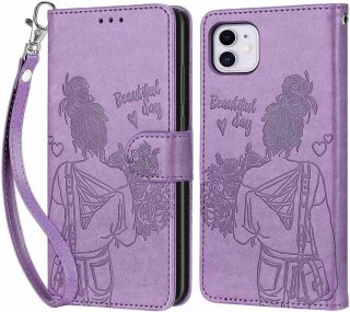 ETUI APPLE IPHONE 14 PRO MAX FIOLETOWE ZAMYKANE Z KLAPKĄ DZIEWCZYNA NAPIS