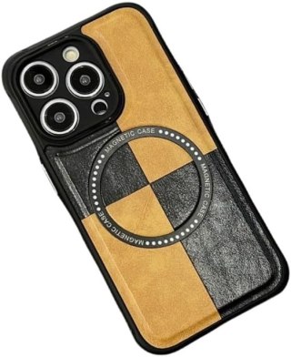 ETUI APPLE IPHONE 14 PRO MAX IMITACJA SKÓRY BRĄZOWE CZARNE KRATKA MAGSAFE