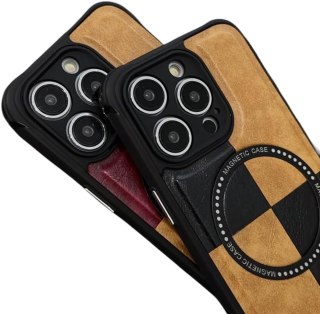 ETUI APPLE IPHONE 14 PRO MAX IMITACJA SKÓRY BRĄZOWE CZARNE KRATKA MAGSAFE