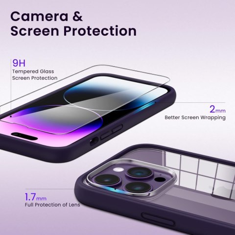 ETUI IPHONE 14 PRO MAX PRZEZROCZYSTE FIOLETOWA RAMKA 2x SZKŁO HARTOWANE