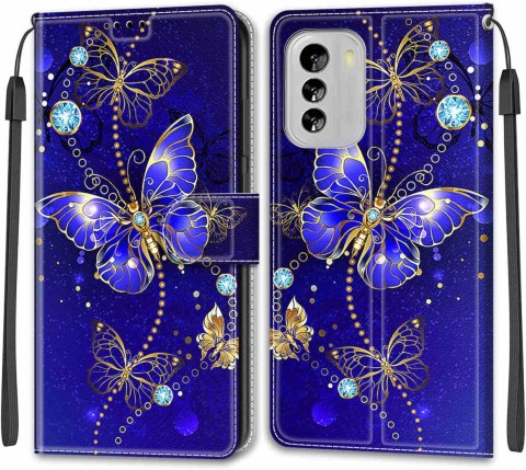 ETUI NOKIA G60 5G GRANATOWE MOTYLE DIAMENTY ZAMYKANE Z KLAPKĄ SOLIDNE