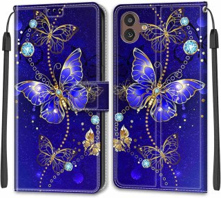 ETUI SAMSUNG GALAXY A04 NIEBIESKIE MOTYL DIAMENTY ZAMYKANE Z KLAPKĄ SOLIDNE