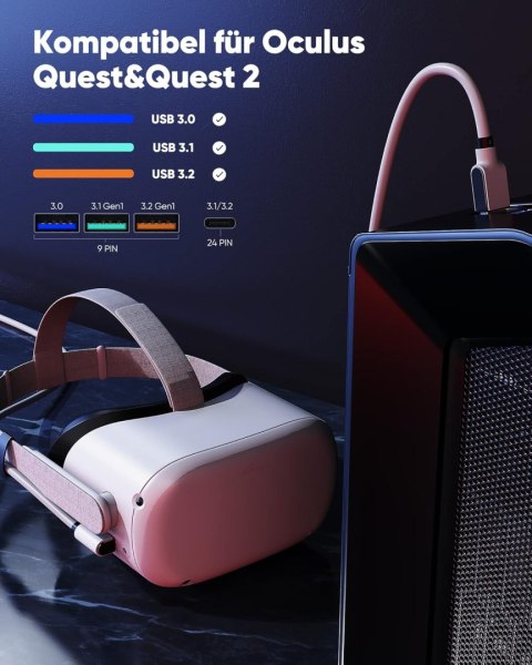 KABEL USB 3.0 USB-C OCULUS QUEST 1/2/PC/ STEAM VR 5 Gbit/s BIAŁY 5m