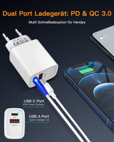 ŁADOWARKA SIECIOWA UNIWERSALNA SZYBKA 2 PORTY USB-C USB-A PD 3.0 BIAŁA 20W ŁADOWARKA SIECIOWA UNIWERSALNA SZYBKA 2 PORTY USB-C USB-A PD 3.0 BIAŁA 20W