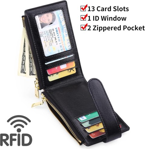 PORTFEL DAMSKI SKÓRZANY CZARNY ETUI NA KARTY RFID AIRTAG ZŁOTE OKUCIA PORTFEL DAMSKI SKÓRZANY CZARNY ETUI NA KARTY RFID AIRTAG ZŁOTE OKUCIA