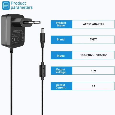 ZASILACZ ŁADOWARKA UNIWERSALNA 18V 1A DC 5,5x2.1mm WENTYLATOR GŁOŚNIK RADIO ZASILACZ ŁADOWARKA UNIWERSALNA 18V 1A DC 5,5x2.1mm WENTYLATOR GŁOŚNIK RADIO