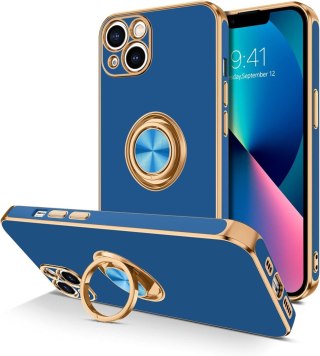 ETUI APPLE IPHONE 13 GRANATOWE ZŁOTA RAMKA PIERŚCIEŃ WYTRZYMAŁE OCHRONNE