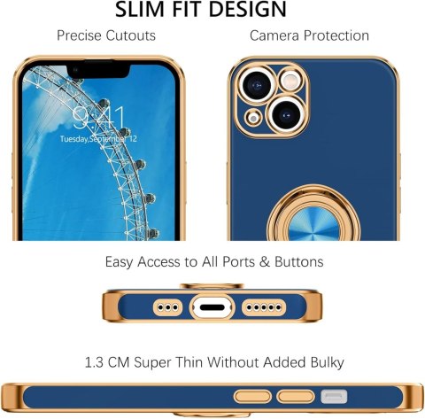 ETUI APPLE IPHONE 13 GRANATOWE ZŁOTA RAMKA PIERŚCIEŃ WYTRZYMAŁE OCHRONNE
