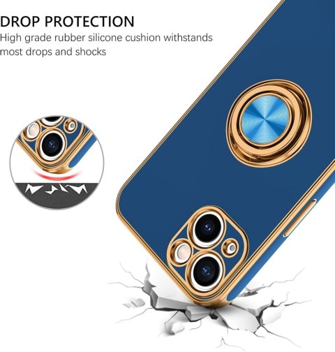 ETUI APPLE IPHONE 13 GRANATOWE ZŁOTA RAMKA PIERŚCIEŃ WYTRZYMAŁE OCHRONNE