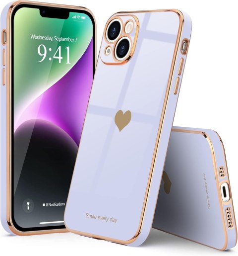 ETUI APPLE IPHONE 14 FIOLETOWE PASTELOWE ZŁOTA RAMKA SERCE UROCZE OCHRONNE