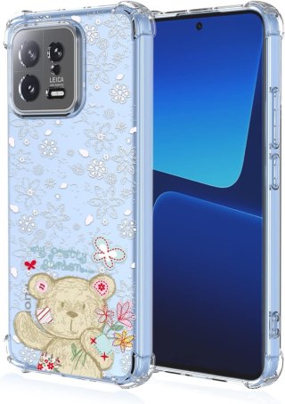 ETUI XIAOMI 13 PRZEZROCZYSTE MIŚ BIAŁE WYTŁACZANE KWIATKI WYSOKA OCHRONA