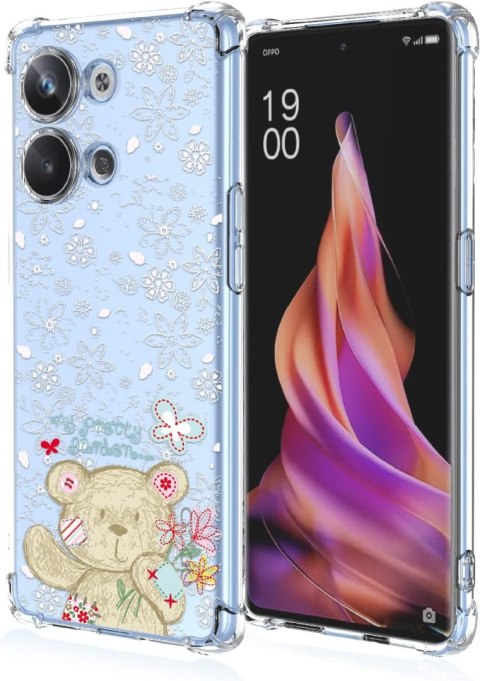 ETUI OPPO RENO9 PRZEZROCZYSTE MIŚ WYTŁACZANE BIAŁE KWIATKI WYSOKA OCHRONA