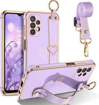 ETUI SAMSUNG GALAXY A13 4G FIOLETOWE ZŁOTA RAMKA SERDUSZKO UCHWYT +SMYCZ
