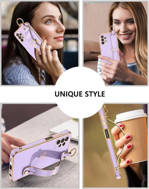 ETUI SAMSUNG GALAXY A13 4G FIOLETOWE ZŁOTA RAMKA SERDUSZKO UCHWYT +SMYCZ