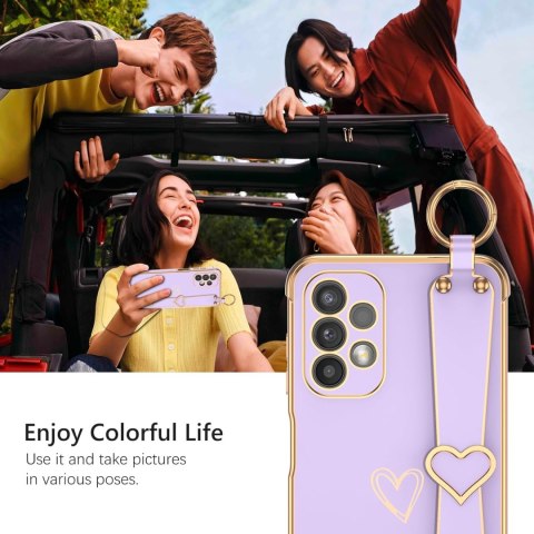 ETUI SAMSUNG GALAXY A13 4G FIOLETOWE ZŁOTA RAMKA SERDUSZKO UCHWYT +SMYCZ