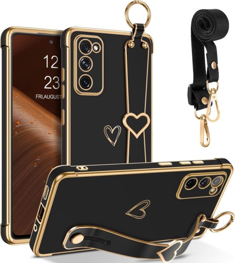 ETUI SAMSUNG GALAXY S20 FE CZARNE ZŁOTA RAMKA SERCE UCHWYT +SMYCZ SOLIDNE
