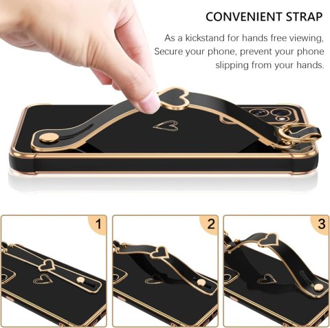 ETUI SAMSUNG GALAXY S20 FE CZARNE ZŁOTA RAMKA SERCE UCHWYT +SMYCZ SOLIDNE