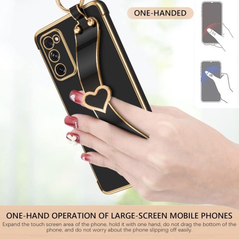 ETUI SAMSUNG GALAXY S20 FE CZARNE ZŁOTA RAMKA SERCE UCHWYT +SMYCZ SOLIDNE