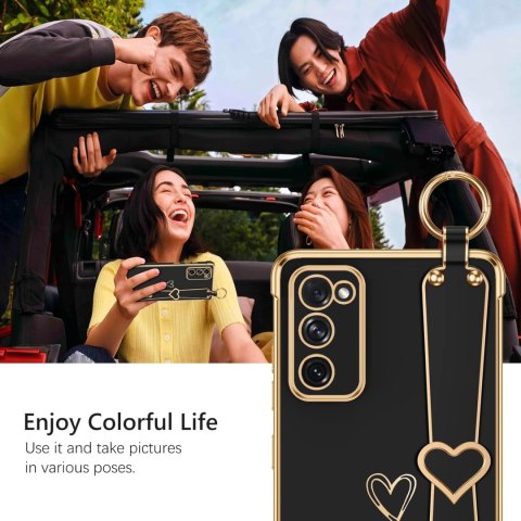 ETUI SAMSUNG GALAXY S20 FE CZARNE ZŁOTA RAMKA SERCE UCHWYT +SMYCZ SOLIDNE