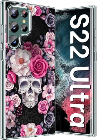 ETUI SAMSUNG GALAXY S22 ULTRA CZARNE RÓŻOWE KWIATY RÓŻE CZASZKA OCHRONNE