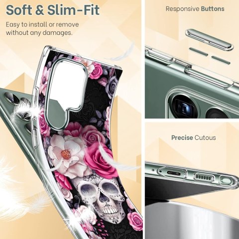 ETUI SAMSUNG GALAXY S22 ULTRA CZARNE RÓŻOWE KWIATY RÓŻE CZASZKA OCHRONNE