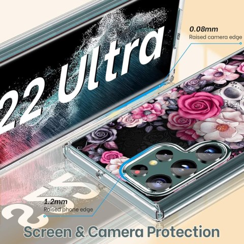 ETUI SAMSUNG GALAXY S22 ULTRA CZARNE RÓŻOWE KWIATY RÓŻE CZASZKA OCHRONNE