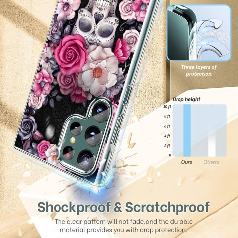 ETUI SAMSUNG GALAXY S22 ULTRA CZARNE RÓŻOWE KWIATY RÓŻE CZASZKA OCHRONNE