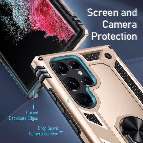 ETUI SAMSUNG GALAXY S22 ULTRA ZŁOTO CZARNE PIERŚCIEŃ WYTRZYMAŁE PANCERNE